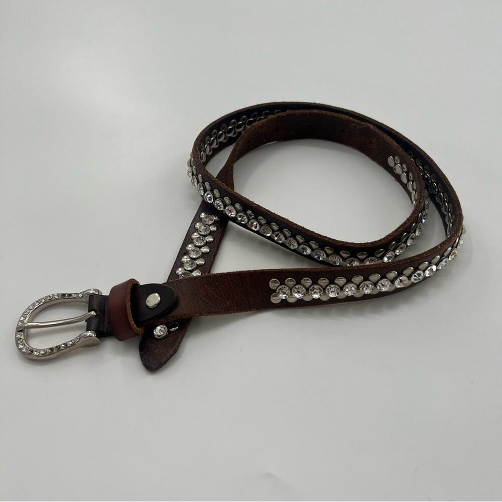 Western Cowgirl Brown Leather Rhinestone Belt Studded Embellished Small